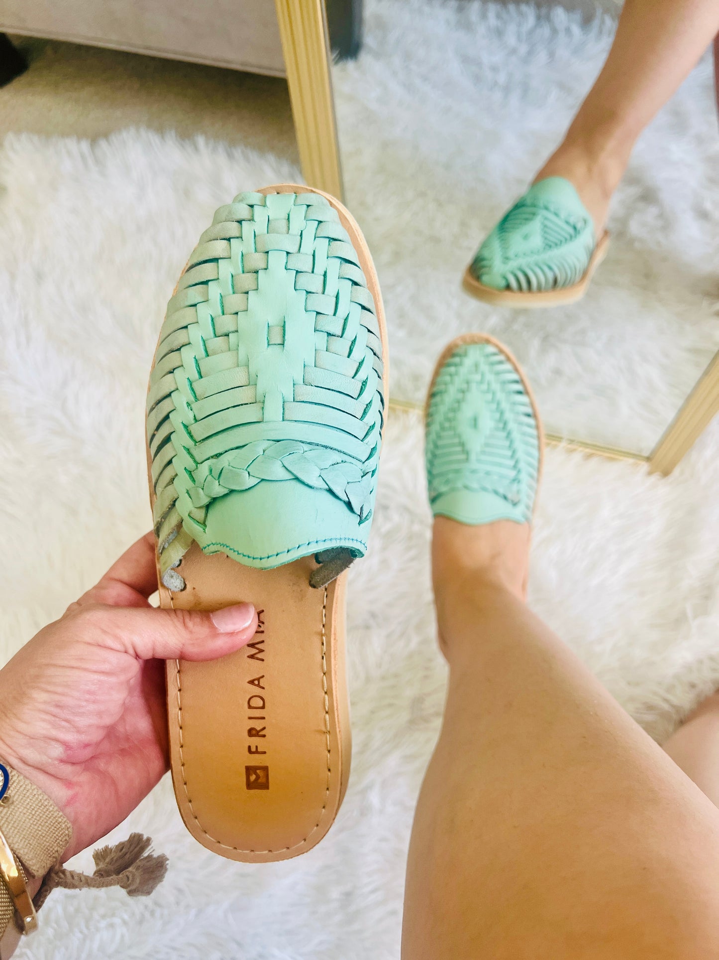 Women's Leather Huarache Sandals - Mint Mules