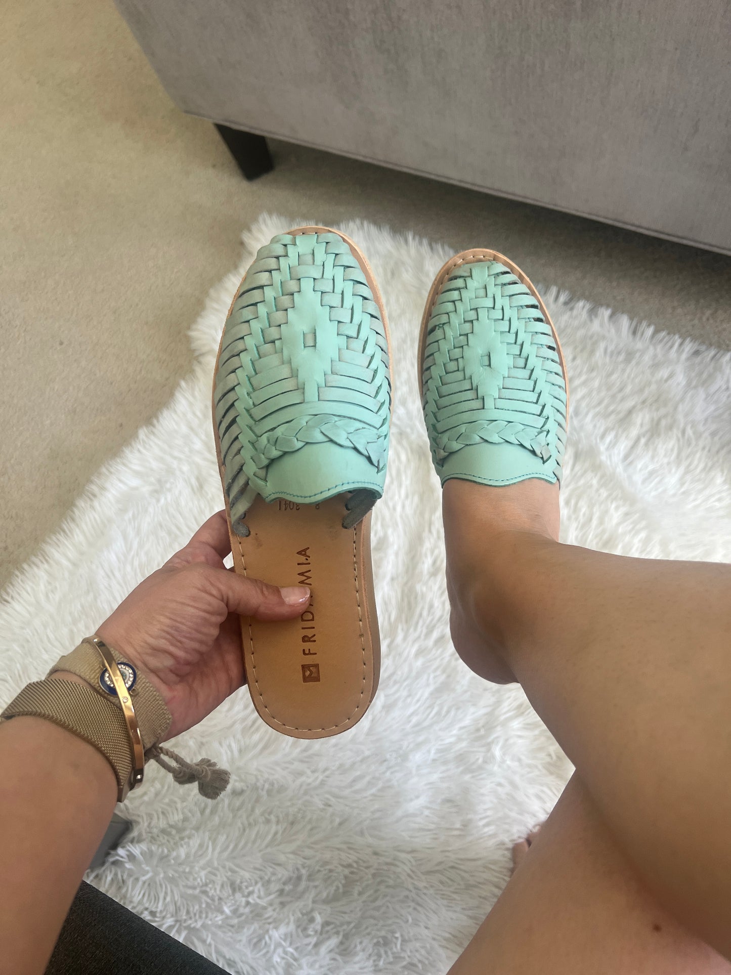 Women's Leather Huarache Sandals - Mint Mules