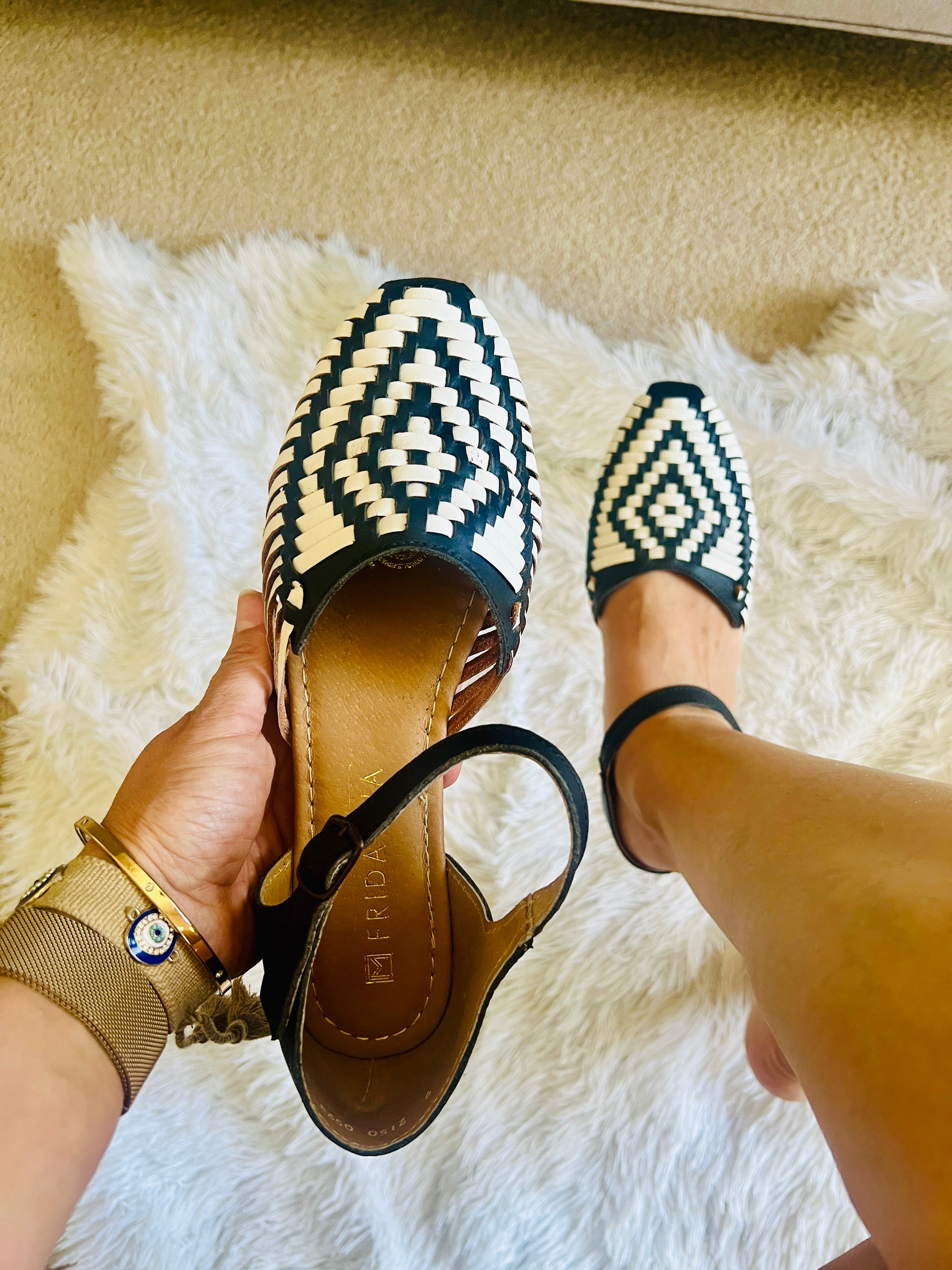 Women's Leather Huarache Sandals Black and White