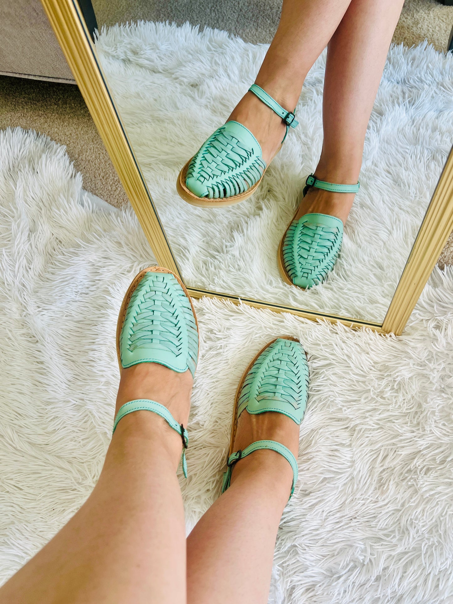 Women's Leather Huarache Sandals - Mint Ankle Strap