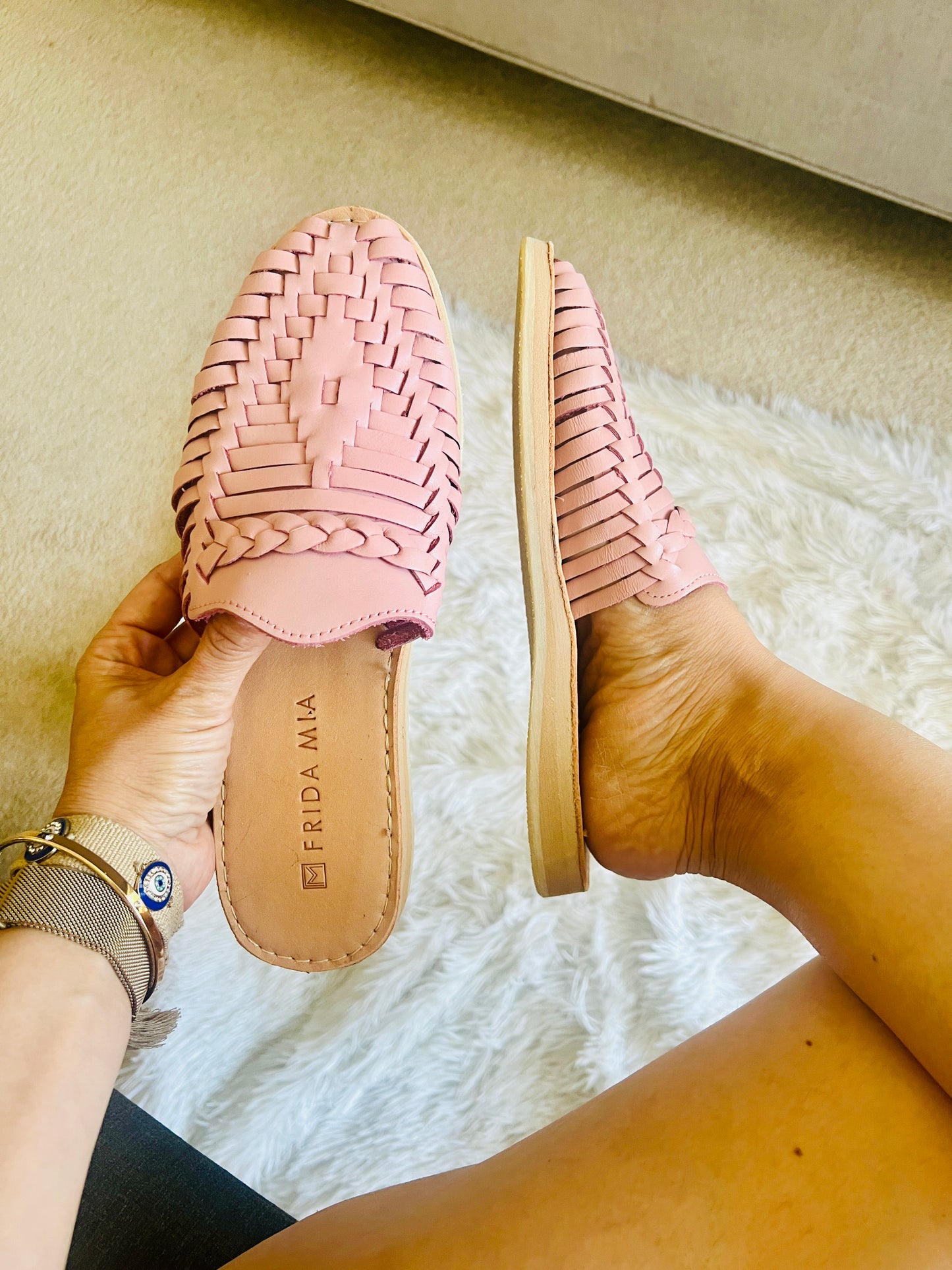 Women's Leather Huarache Sandals - Pink Mule