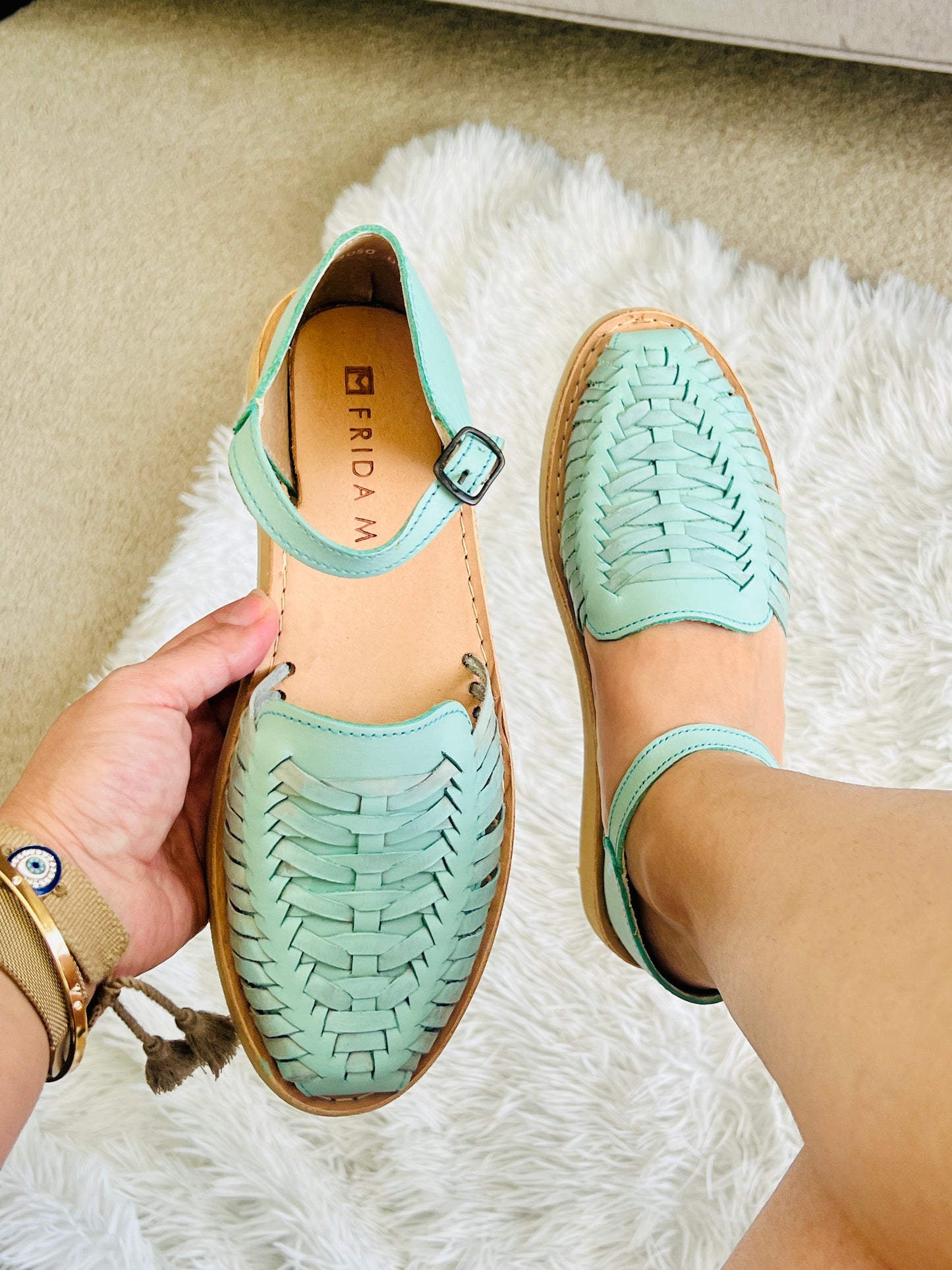 Women's Leather Huarache Sandals - Mint Ankle Strap