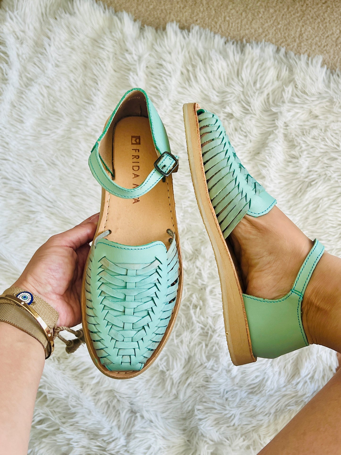 Women's Leather Huarache Sandals - Mint Ankle Strap