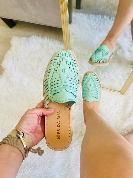 Women's Leather Huarache Sandals - Mint Mules