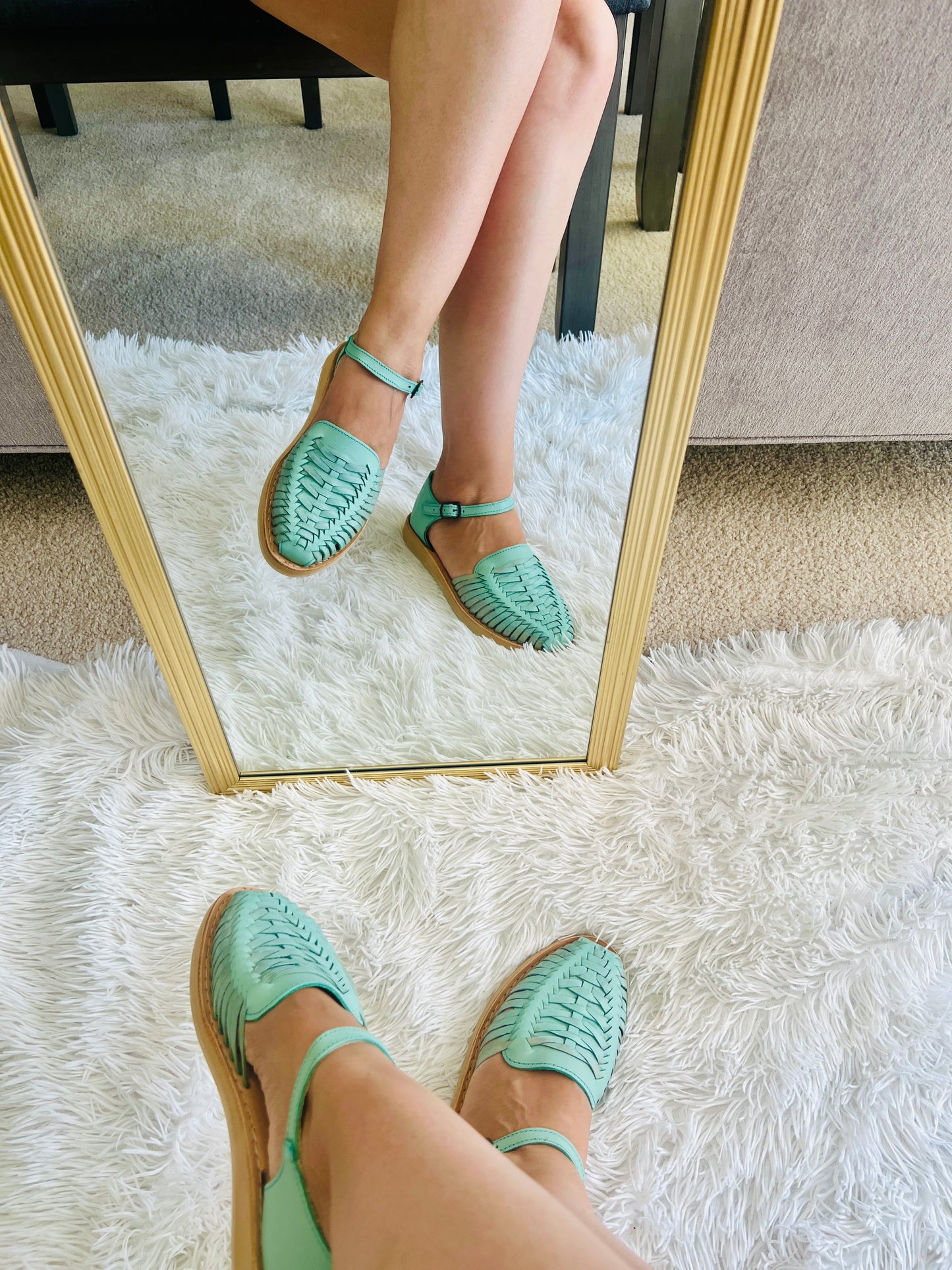 Women's Leather Huarache Sandals - Mint Ankle Strap