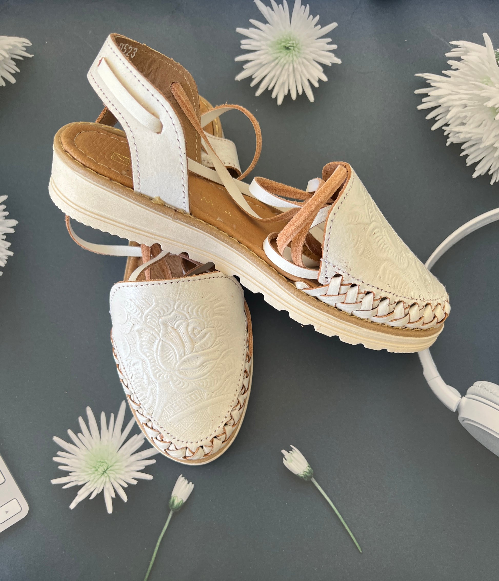 Women's Leather Huarache Sandals White Lace Up