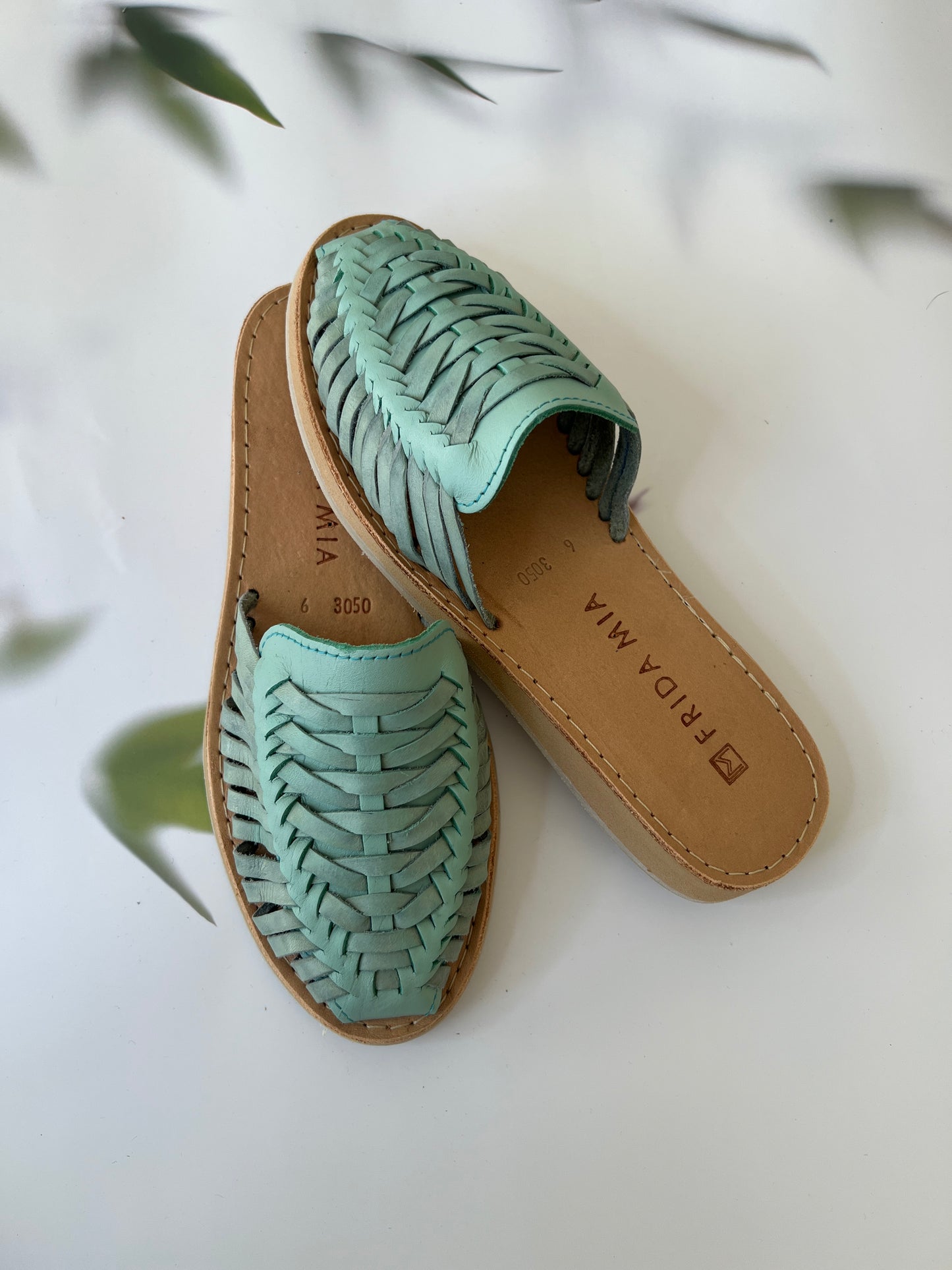 Women's Leather Huarache Sandals - Mint Mules