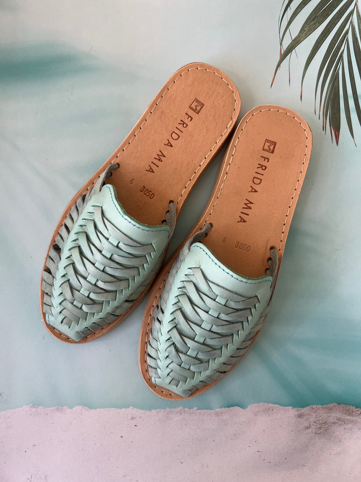 Women's Leather Huarache Sandals - Mint Mules