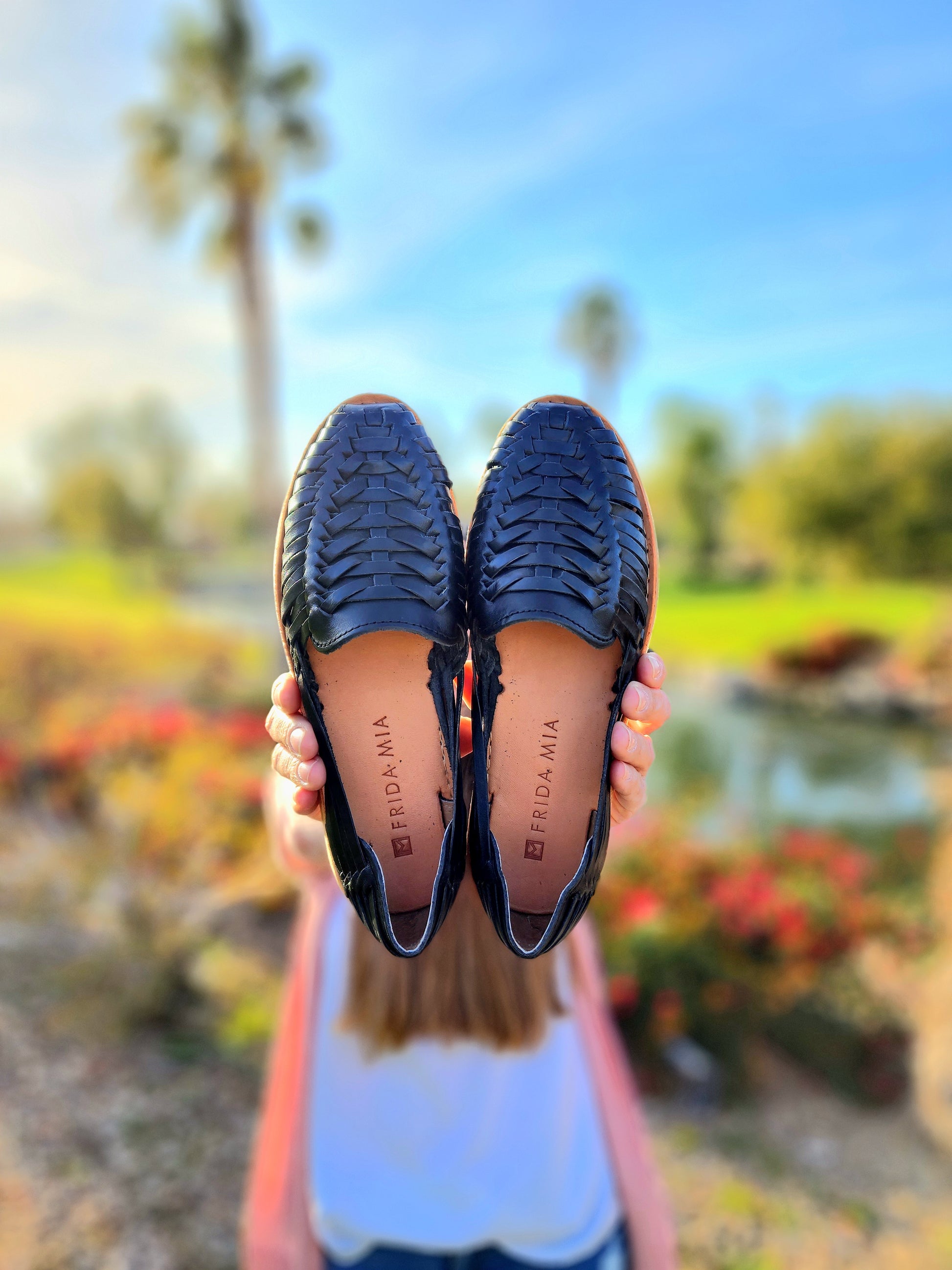 Women's Leather Huarache Sandals Black Slip On1